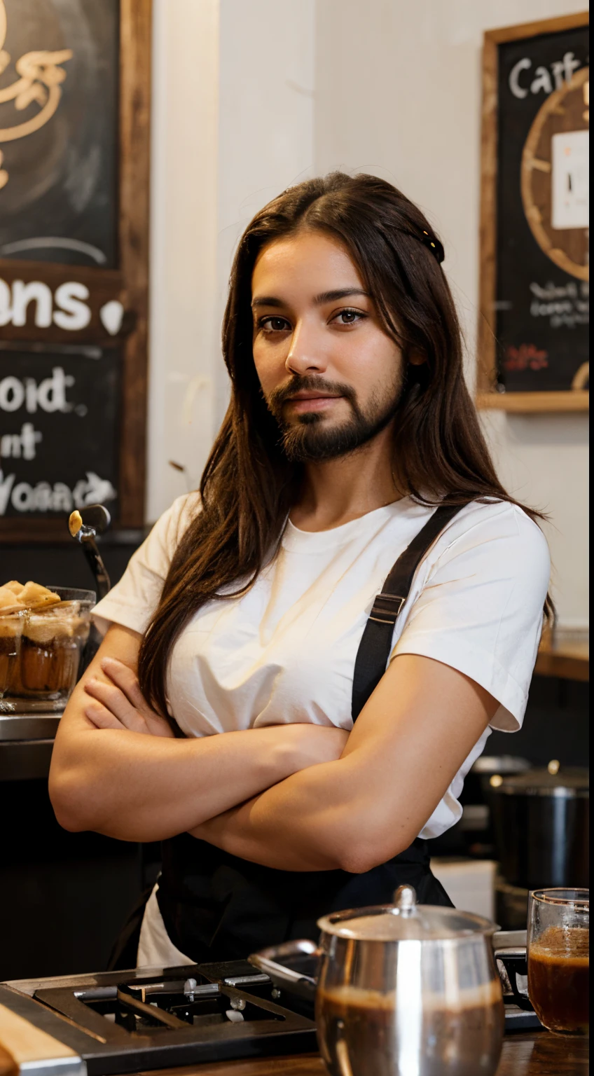 Cafe worker woman with a beard