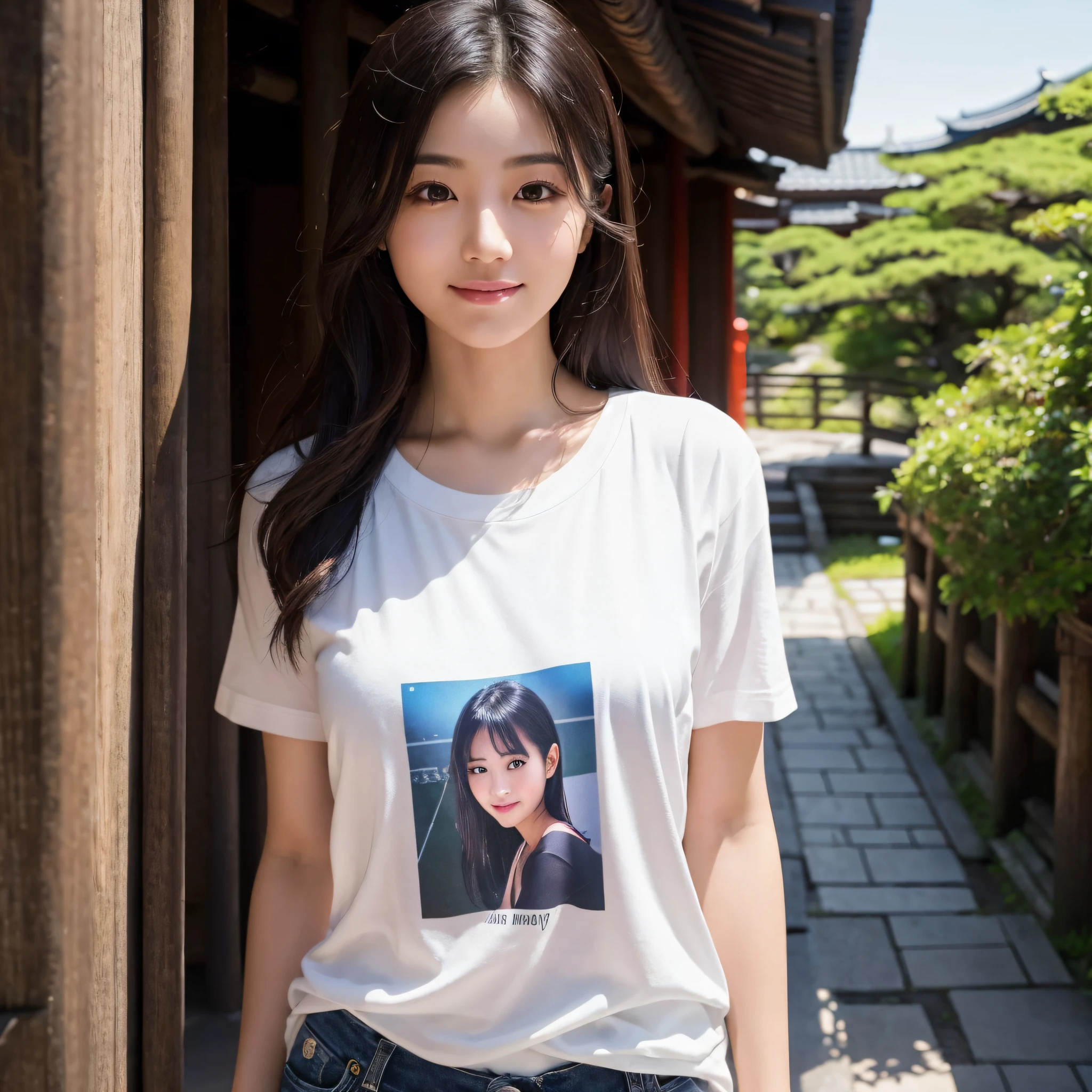 One beauty、((best qualtiy、8k masterpieces:1.3))、foco nítido:1.2、(ultra beautiful faces:1.0)、(shinny skin:1.0)、photos realistic、A dark-haired、Video Lighting、High-definition eyes and face、Video Lighting、Japanese actressl、from the front side、medium breasts、Smile、Slender Abs Beauty、Whole body、Kanji for Japan「tenderness」Wearing a T-shirt、At the shrine