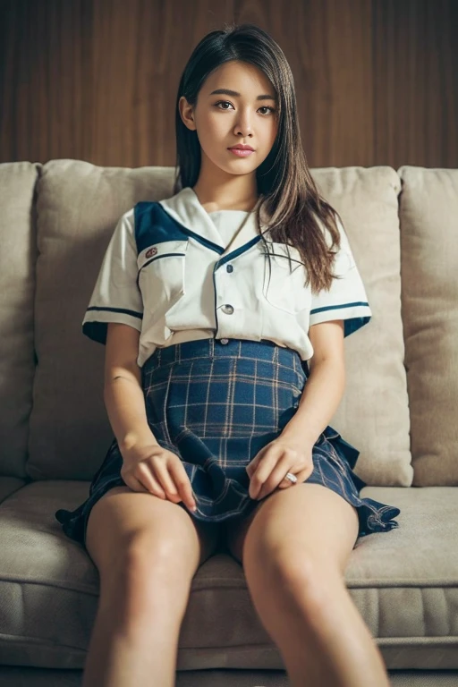 (((Girl sitting on the sofa、Thigh close-up、Captures only the thigh、Lower body close-up、detailed thigh)))、(realisitic、Photorealsitic、ultra-detailliert、Highest Details Skins、top-quality、​masterpiece、超A high resolution)、18year old、Bright lighting、Realistic skin type、japanese uniform skirt