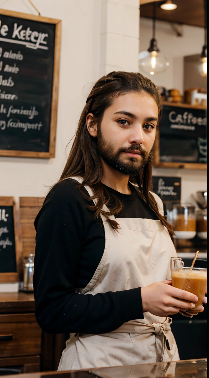 Cafe worker woman with a beard