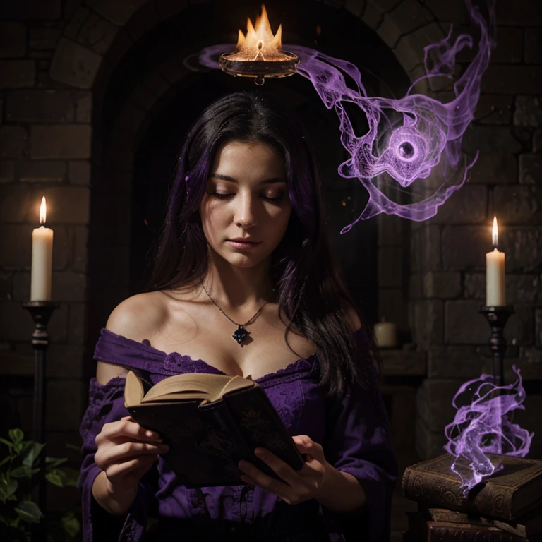 Ghost, purple mist, Book of shadows, woman, fire, magic, spell, calling forth a spirit