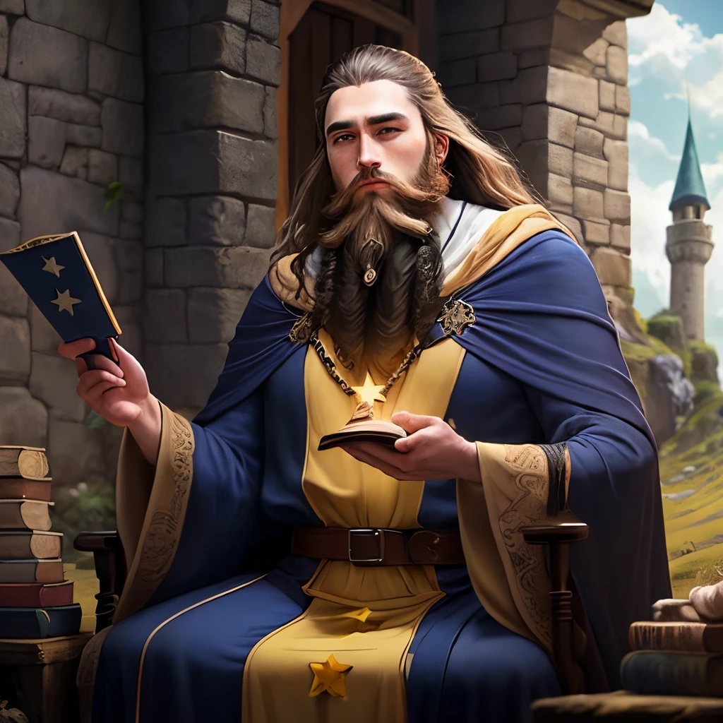 A wizard that wears a dark blue robe covered with yellow stars has brown skin and a white strap-on beard is practicing magic in his secluded stone tower