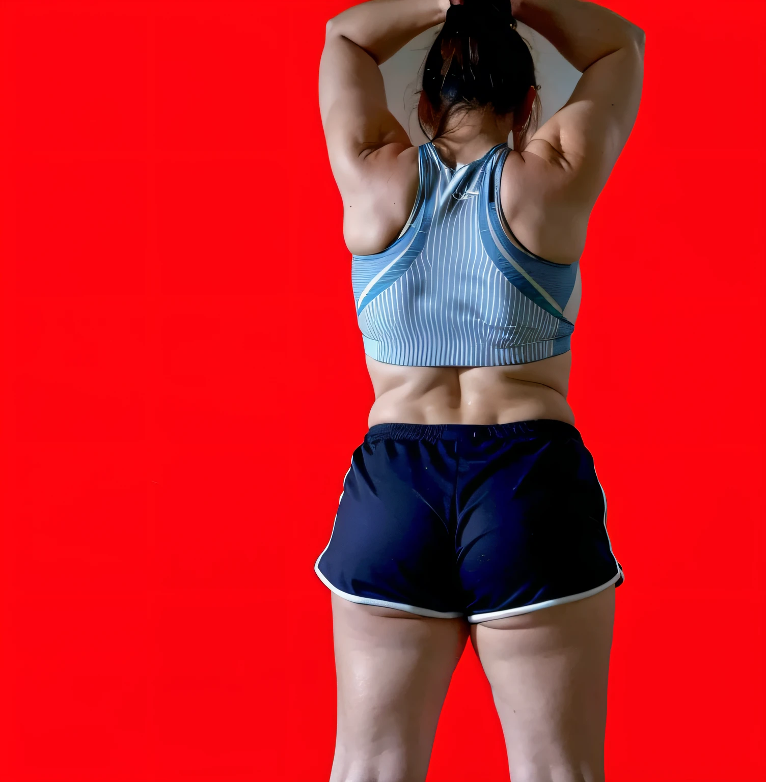 there is a woman in a sports bra and shorts holding her hands on her head, sport bra and dark blue shorts, back pose, sport bra and shorts, costas arqueadas, tiro pelas costas, waist reaching ponytail, ombros curvados, mostrando o ombro de costas, seen from back, no fundo vermelho, tiro longo das costas, em um fundo vermelho