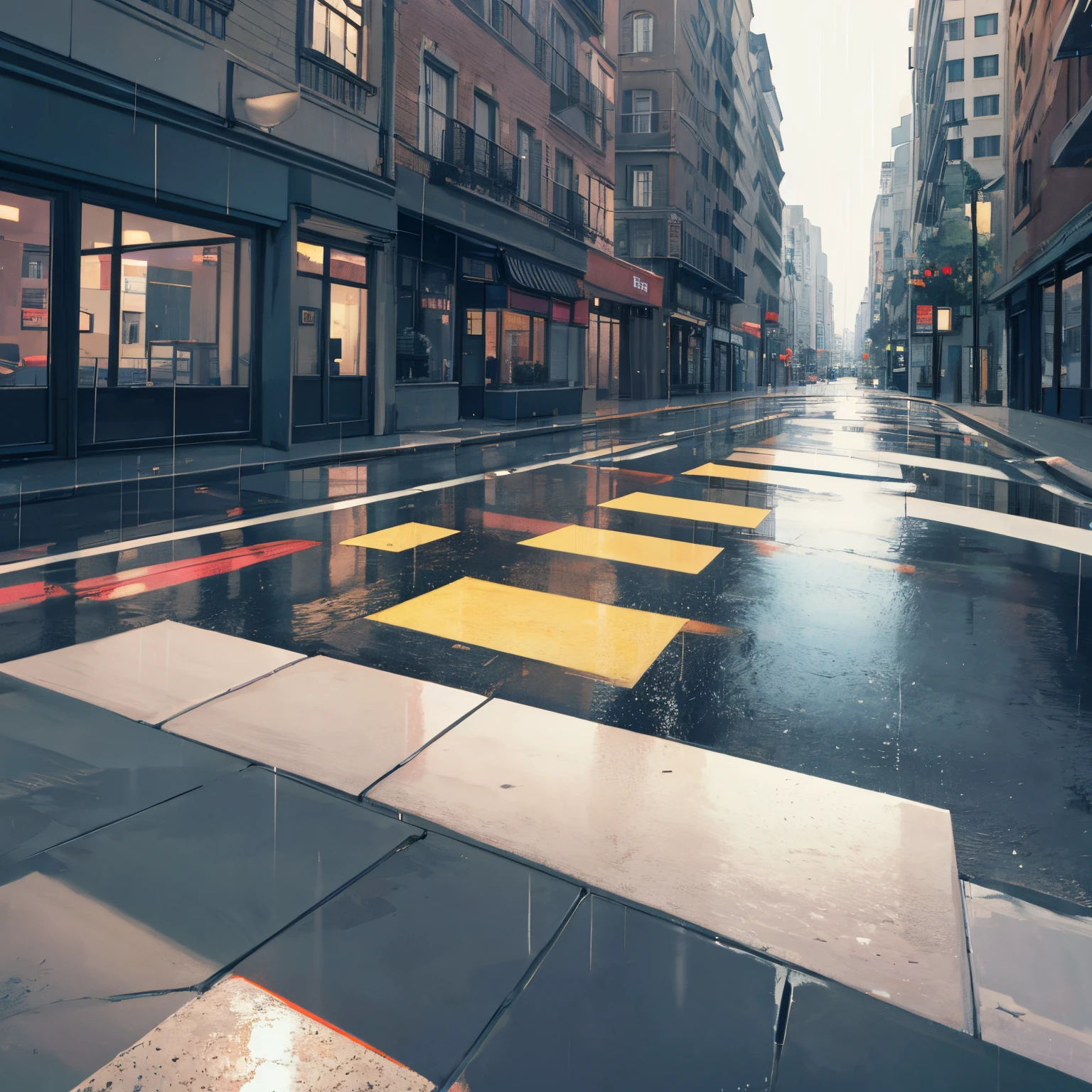 lying on the floor, looking to the sky, on the street of a rainy day
Main subject at middle distance