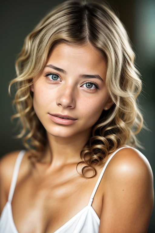 photo of FranceskaFournier Glamour photography young invisible makeup, focus on eyes, close up on face, hair styled Curly Side Swept Hair, ND filter