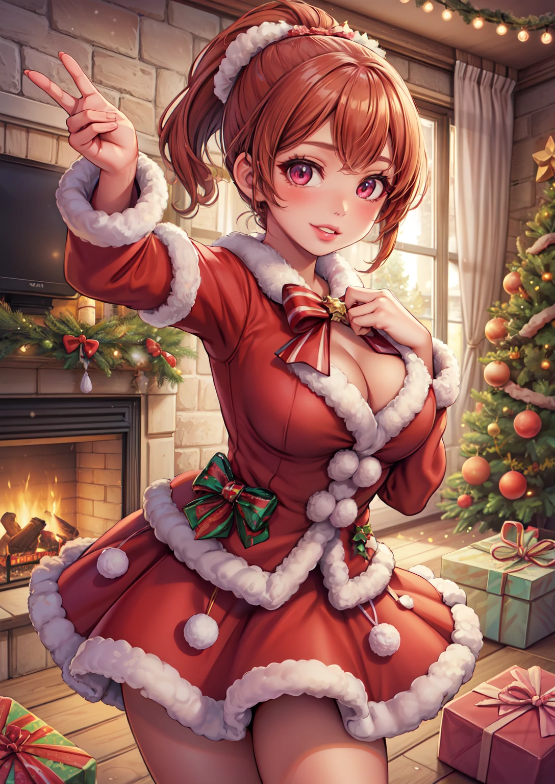 darkskin+++++, tanned+++, dark brown skin1:8++, bright orange hair, ponytail, pink eyes+++, big breast++, thick lips, bows symbol+, pink bow+, detailed eyes, lips, (highest quality, amazing details:1.3), (solo:1.3), masterpiece, glossy lips, dolly lips+, inside background, window, snowflakes falling, smirk++,open mouth, skirt+,pink fur winter outfit+, clevage+, christmas tree+, christmas lights++, fireplace+, gifts under tree+, selfie pose, close up+,