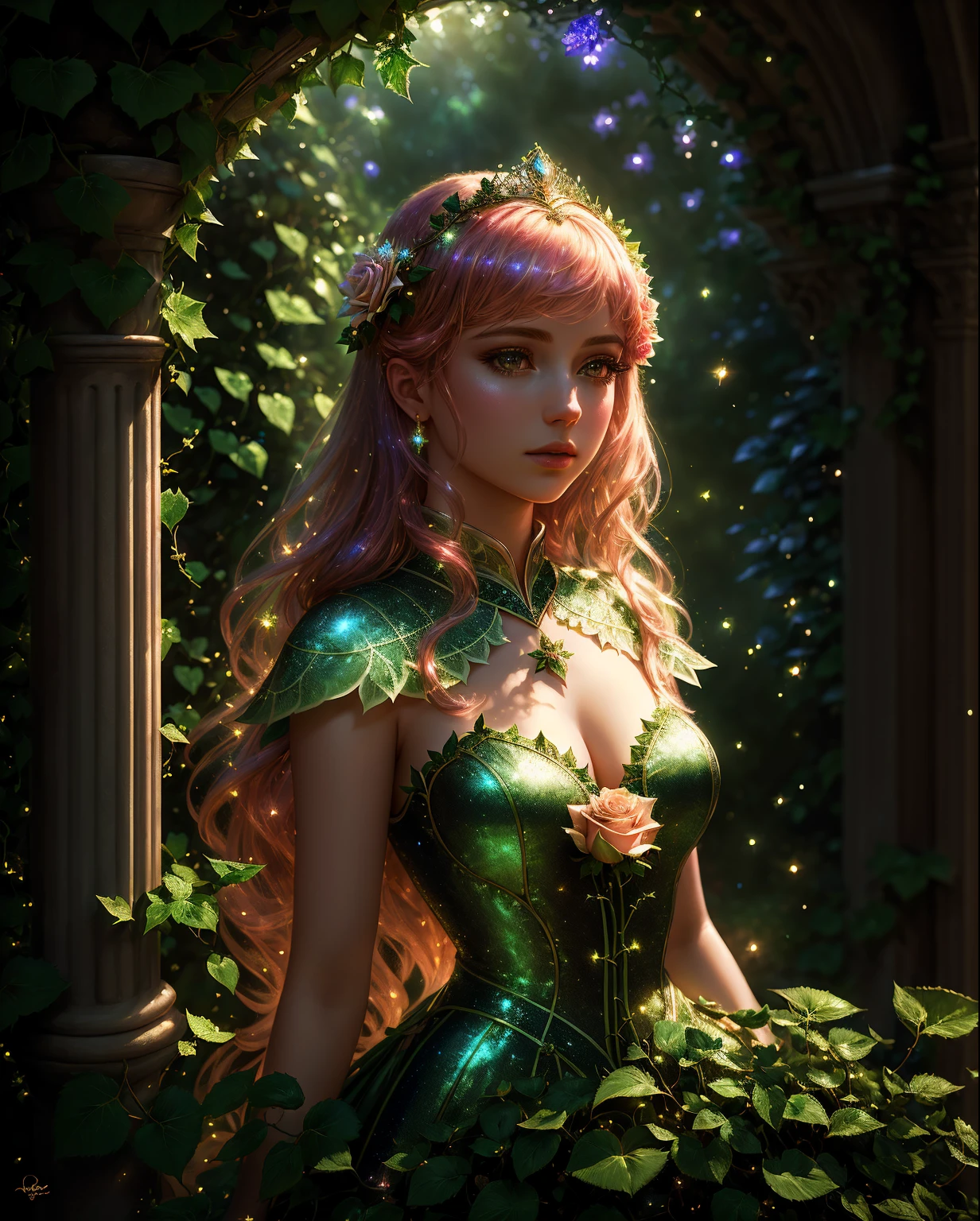 (absurdres, highres, ultra detailed), (Masterpiece), beautiful Royal Botanical Princess, shimmer, delicate ivy across her bodis, volumetric lighting, cinematic lighting, whimsical fantasy, beautiful rose garden