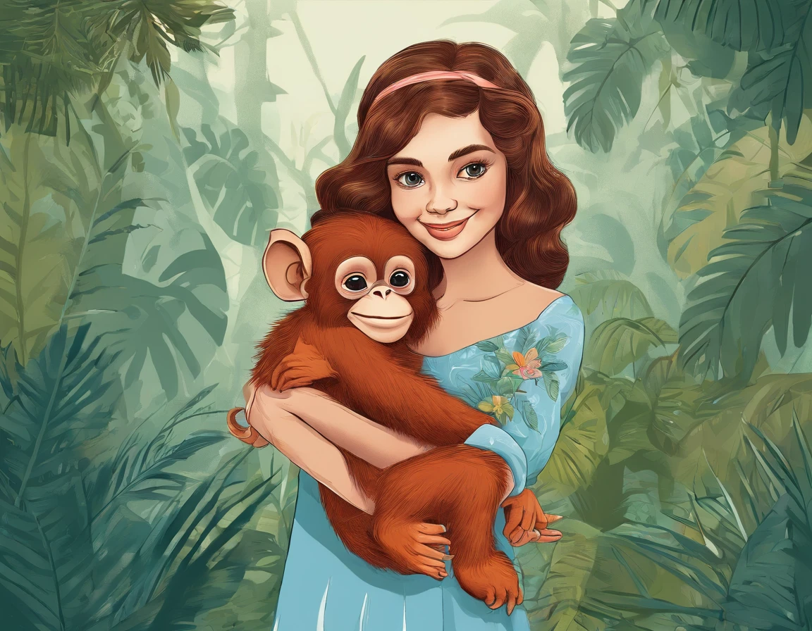 A young girl with a bright blue bow in her hair, holding a baby orangutan in her arms. The illustration is done in soft pastel colors, giving it a whimsical and cute feel. The girl has a cool and confident expression, as she stands surrounded by a lush jungle background. The baby orangutan is also wearing a tiny bow, matching the girl's. The overall vibe is heartwarming and endearing, perfect for a children's book or illustration.