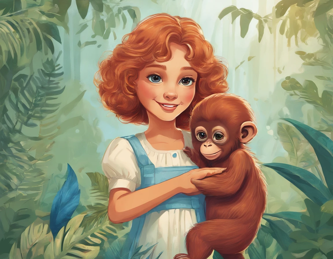 A young girl with a bright blue bow in her hair, holding a orangutan in her arms. The illustration is done in soft pastel colors, giving it a whimsical and cute feel. The girl has a cool and confident expression, as she stands surrounded by a lush jungle background. The babyngutan is also wearing a tiny bow, matching the girl's. The overall vibe is heartwarming and endearing, perfect for a children's book or illustration.