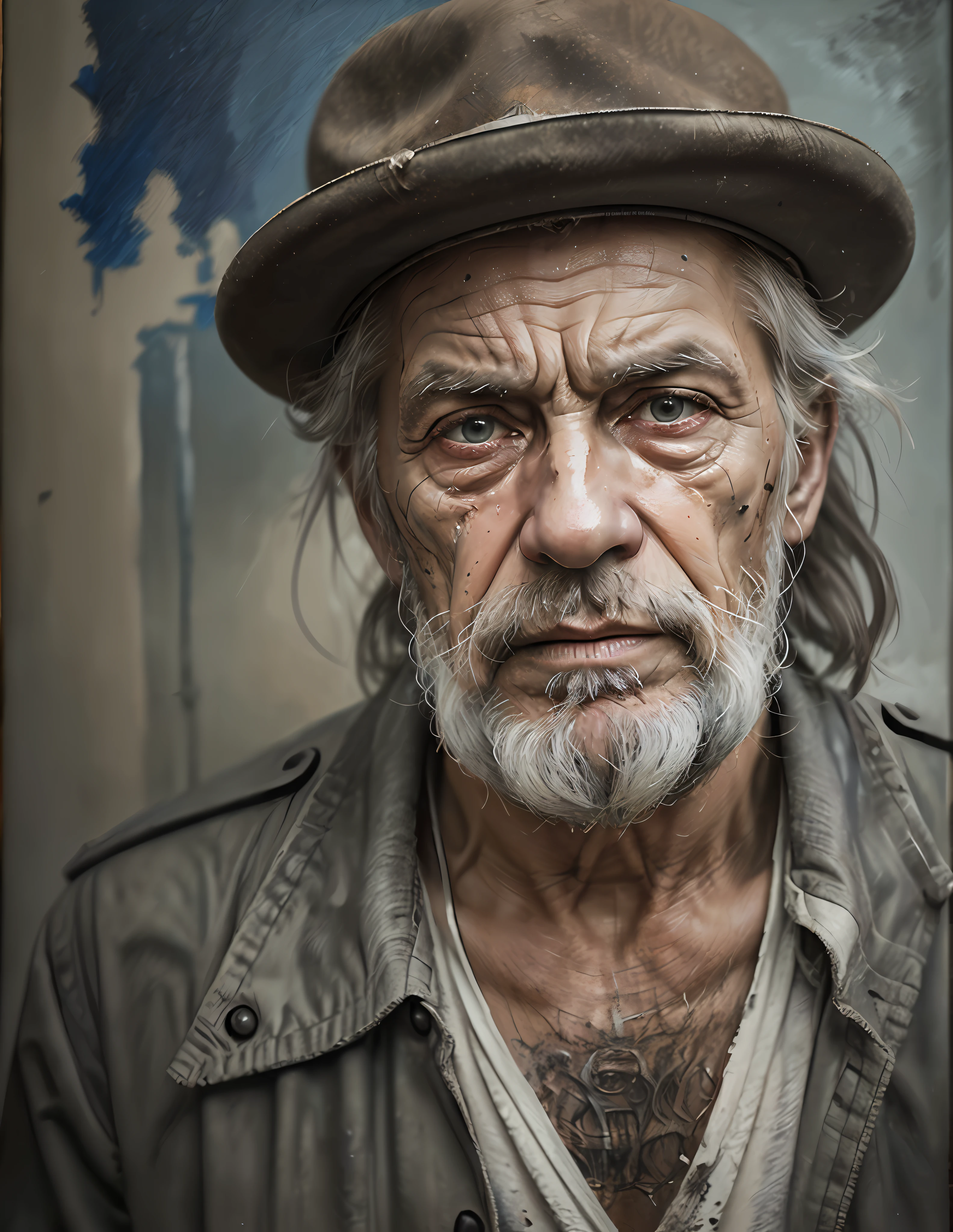 An 1800 portrait of a poor Russian old worker in rags, ((overwhelming fatigue )),  Falten des Alters, Konzeptzeichnung, Oil pastel painting , Stimmungsvolle graue Farben , mutig, chaotischer StilStil von Alexey Savrasov, Iwan Schischkin, Ilja Repin, (Cel schattiert:1.2), 2D, (Oil painting:1.2) Highly detailed