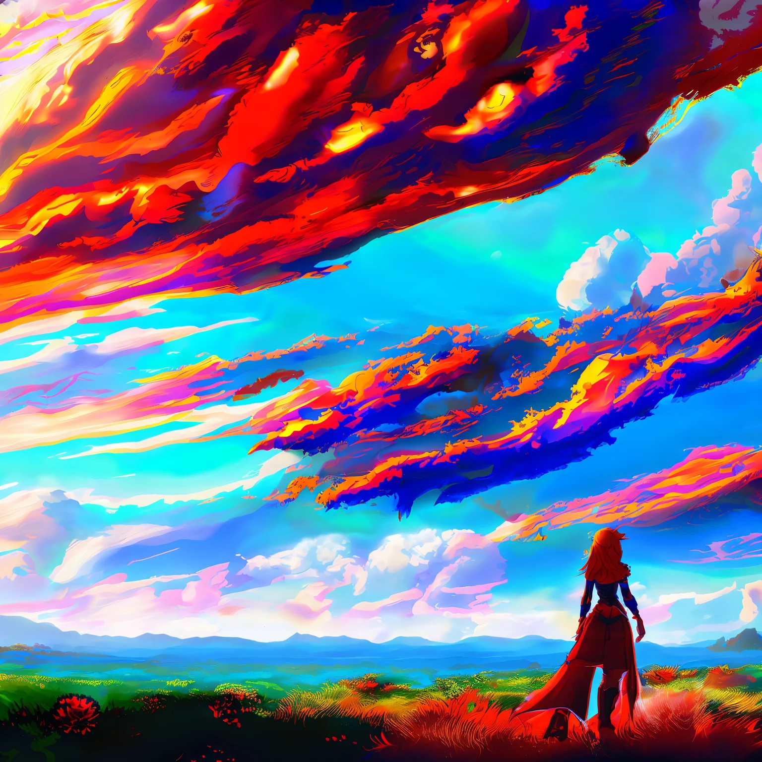 (GlitchStick:1) anime, pretty woman looks at a giant cloud in the sky, anime, digital art, trending on artstation, hd, 8 k, sharp high quality artwork in style of greg rutkowski, concept art, blizzard warcraft artwork, hearthstone card artwork, league of legends artwork, bright colors, blue sky background, red flowers, yellow grass, red leaves, orange sun,red clouds, ocean floor, fighting each __overcomer08__