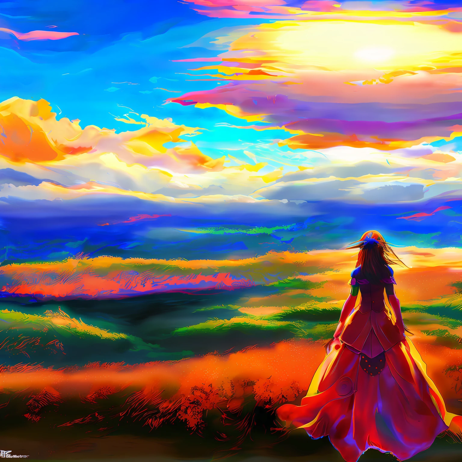 (GlitchStick:1) anime, pretty woman looks at a giant cloud in the sky, anime, digital art, trending on artstation, hd, 8 k, sharp high quality artwork in style of greg rutkowski, concept art, blizzard warcraft artwork, hearthstone card artwork, league of legends artwork, bright colors, blue sky background, red flowers, yellow grass, red leaves, orange sun,red clouds, ocean floor, fighting each __overcomer08__