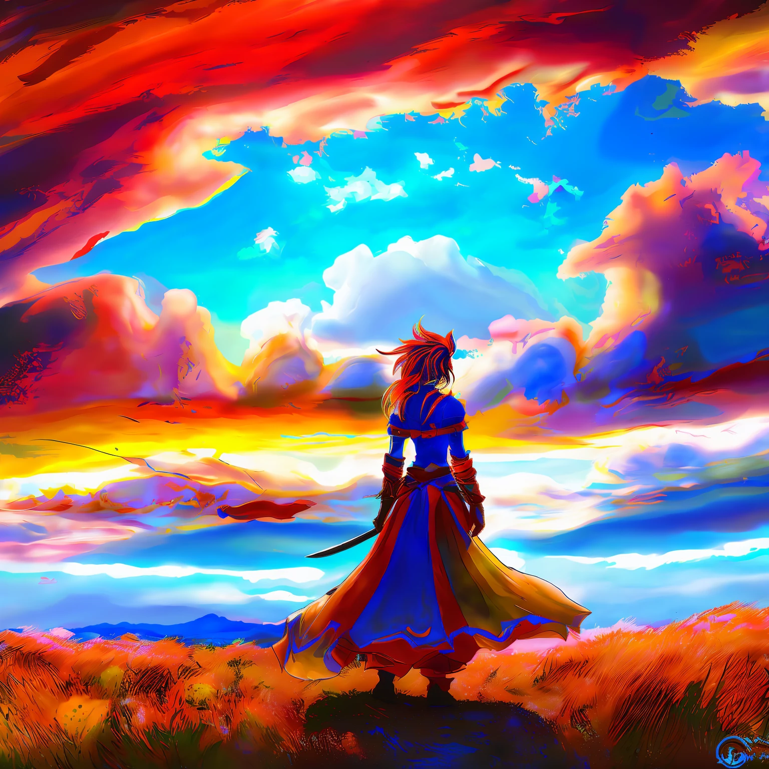 (GlitchStick:1) anime, pretty woman looks at a giant cloud in the sky, anime, digital art, trending on artstation, hd, 8 k, sharp high quality artwork in style of greg rutkowski, concept art, blizzard warcraft artwork, hearthstone card artwork, league of legends artwork, bright colors, blue sky background, red flowers, yellow grass, red leaves, orange sun,red clouds, ocean floor, fighting each __overcomer08__