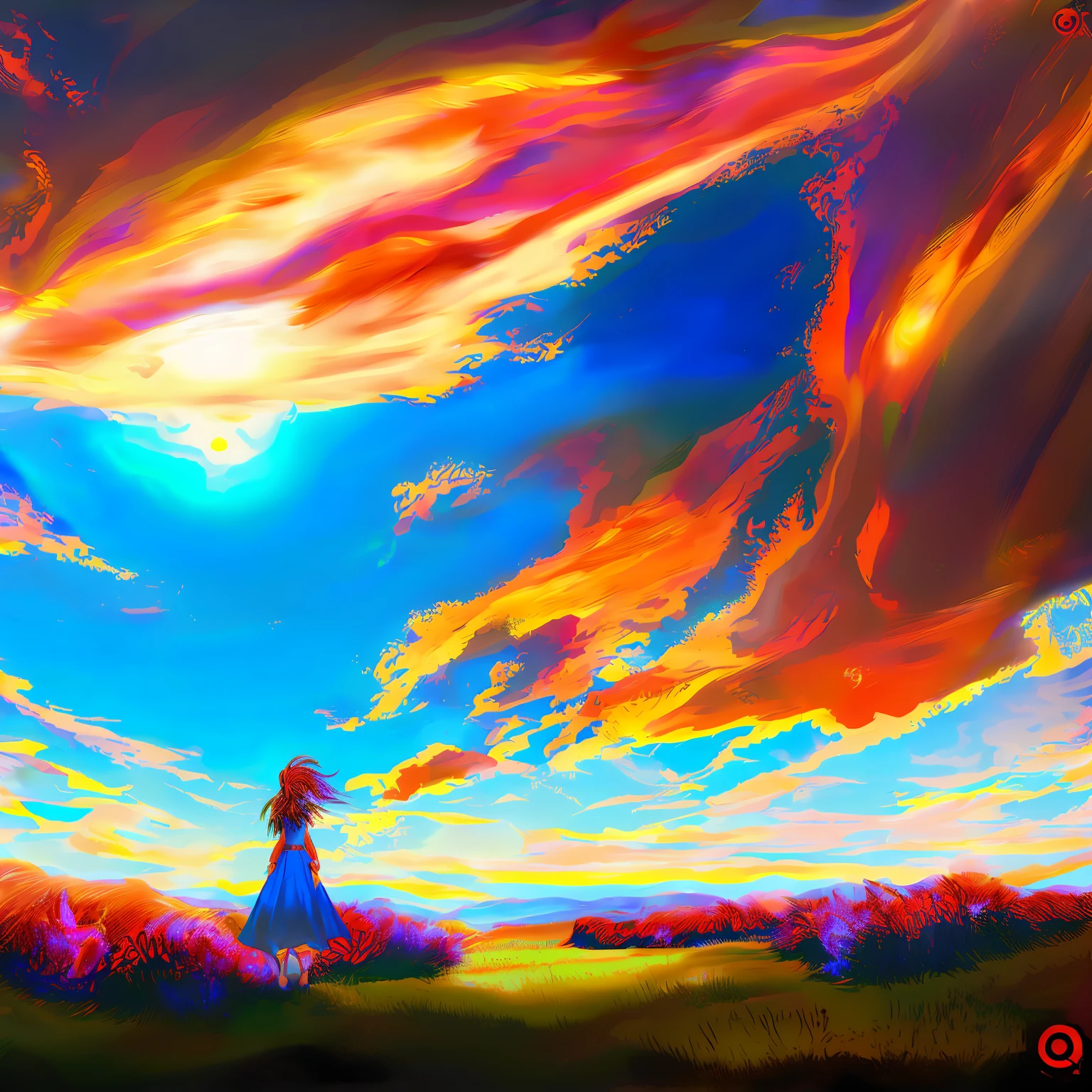 (GlitchStick:1) anime, pretty woman looks at a giant cloud in the sky, anime, digital art, trending on artstation, hd, 8 k, sharp high quality artwork in style of greg rutkowski, concept art, blizzard warcraft artwork, hearthstone card artwork, league of legends artwork, bright colors, blue sky background, red flowers, yellow grass, red leaves, orange sun,red clouds, ocean floor, fighting each __overcomer08__