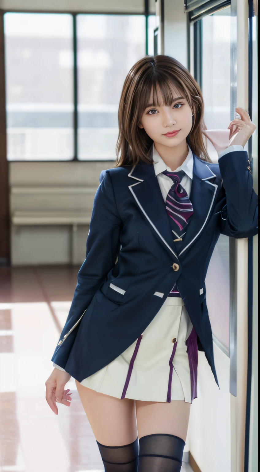 top-quality,ultra - detailed,tmasterpiece,hentail realism,Photorare,Bright lighting,1 girl in, Camera color temperature 3800k、an extremely beautiful -yeld gi (kawaii:1.6),Thin smile, (Brown eyes),(dark brown hair),(By bangs),perfect glossy shiny skins,flawless skin,((erotick,Sexy and sexually explicit)),((Exact pointers,No discomfort)), large full breasts,big breasts thin waist, looking at viewert,((Blazer Uniform)),((Long sleeve uniform white shirt)),(Navy blue tie),((Navy blue miniskirt、No slit)),(((Skirt lift with their own hands))),(lifted by self),(She shows her panties.),lace and black panties,Panty Focus,(Stand with your feet together)), sockes, (Black socks),(Loafer shoes), In the daytime,Station platform、stand through the window、