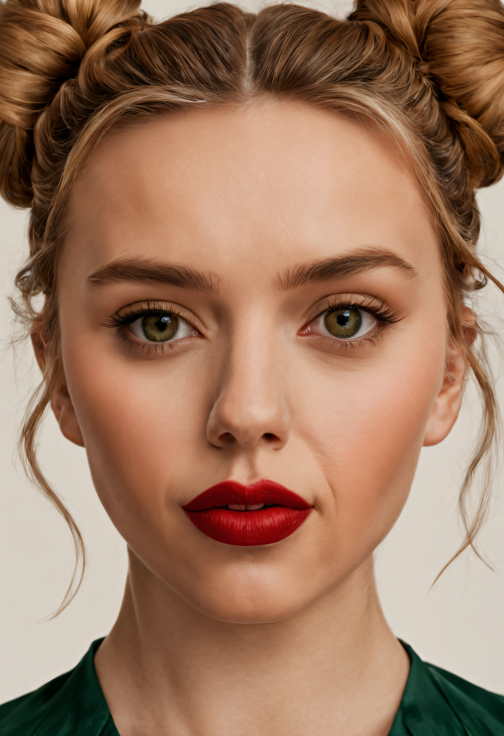 ((ultra-realistic full-frontal centered portrait)),dark green eyes, ((light brown thick bun hair)), eye shape almond, curled eyelashes, symmetrical lipshape, cheekbone centered on the malar bone, wheat skin ,arafed up close shot of a woman with red lipstick, young scarlett johansson, elizabeth olsen, both have red lips,Canon EOS R5, f/1.2, gradient colored background