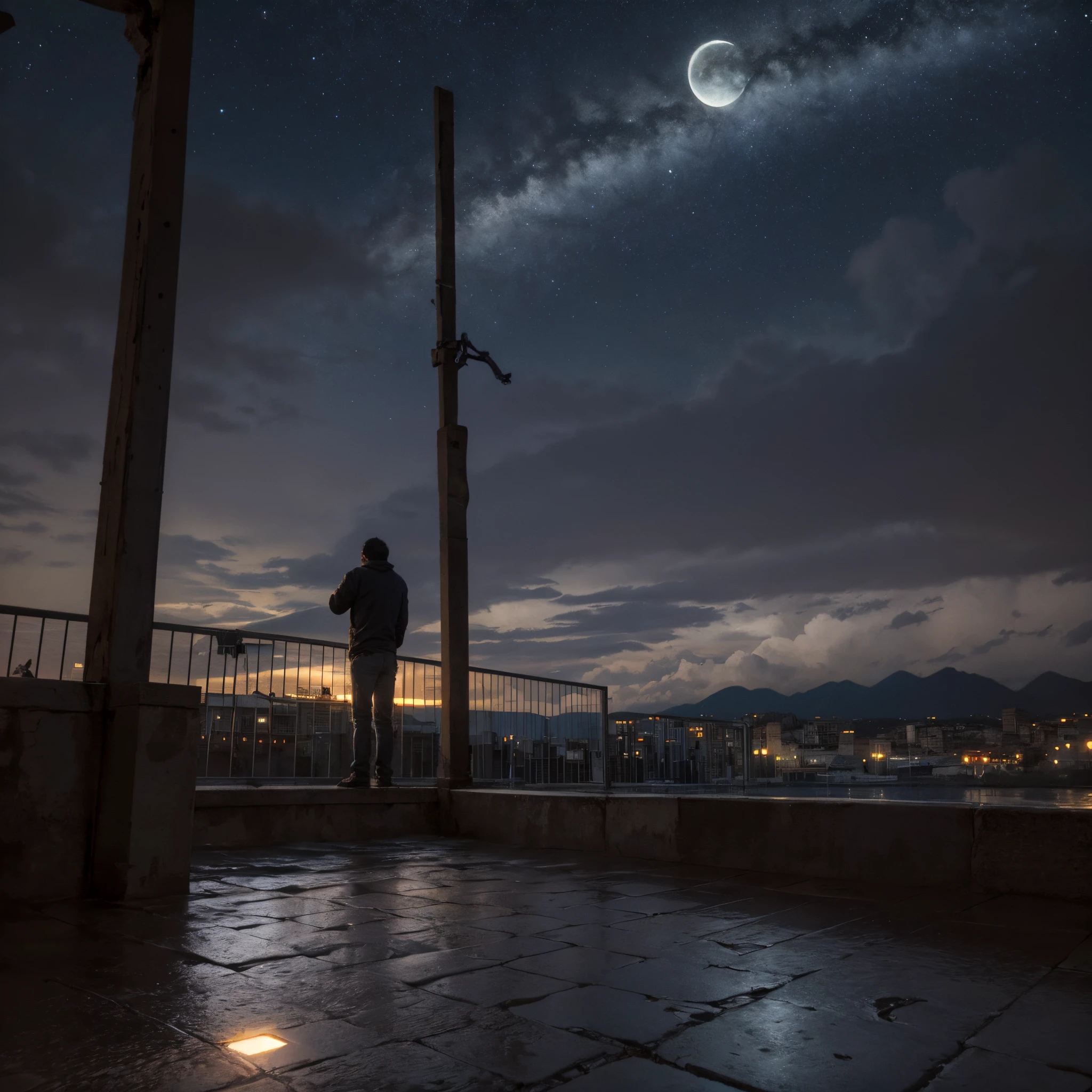 Gargola de piedra meditando en la cima del temolo notredame,hambiente tetrico,bajo la lluvia,noche oscura,rallos y truenos,en las alturas,acagchado en un saliente,dimonaco,guardian,lluvia intensa en una noche estrellada,luna brillante,reflexibo,lluvia y agua callendo,llaviendo en una tormenta,