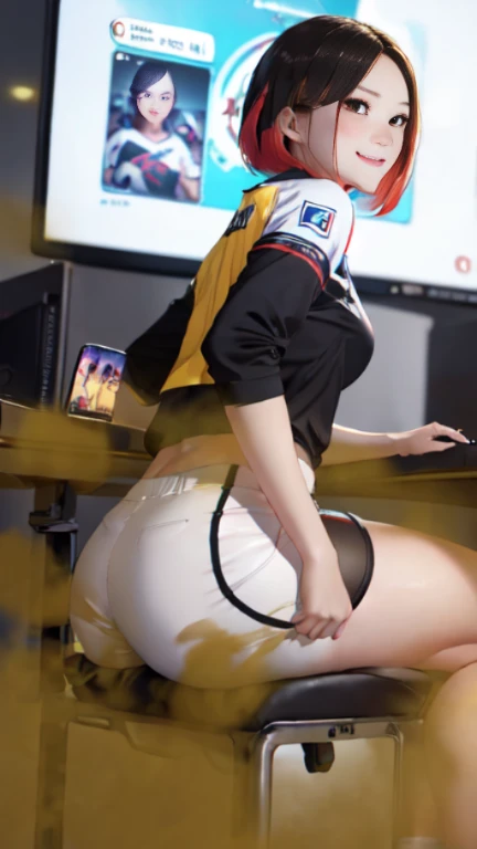 ((velocity)),Attacked by farts, (((Women farting))),(girl farting while seat on seat and playing game on smartphone)),smiled,blushing,velocity,(a female pro player), (wearing a pro player uniform),(sit facing the screen),(her buttt facing the screen) (shorthair yellow hair),(Asian woman),(gaming tournament),(masterpiece:1.2、top-quality)、(the Extremely Detailed CG Unity 8K Wallpapers、ultra-detailliert、Best Shadows)、(细致背景)、(The best lighting、extremely delicate and beautiful)、depth of fields、1girl in、独奏、upward looking gaze、