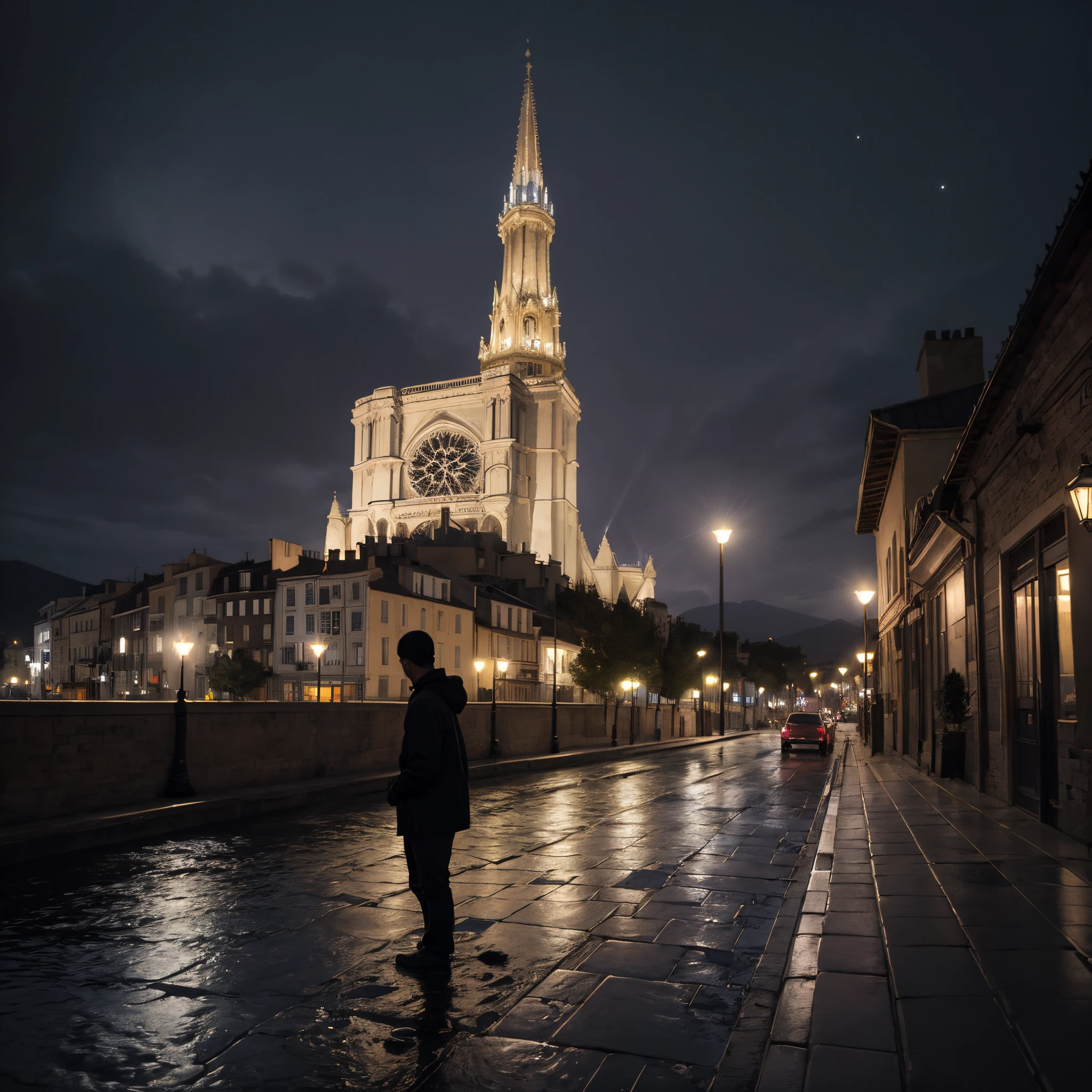 Gargola de piedra meditando en la cima del temolo notredame,hambiente tetrico,bajo la lluvia,noche oscura,rallos y truenos,en las alturas,acagchado en un saliente,dimonaco,guardian,lluvia intensa en una noche estrellada,luna brillante,reflexibo,lluvia y agua callendo,llaviendo en una tormenta,