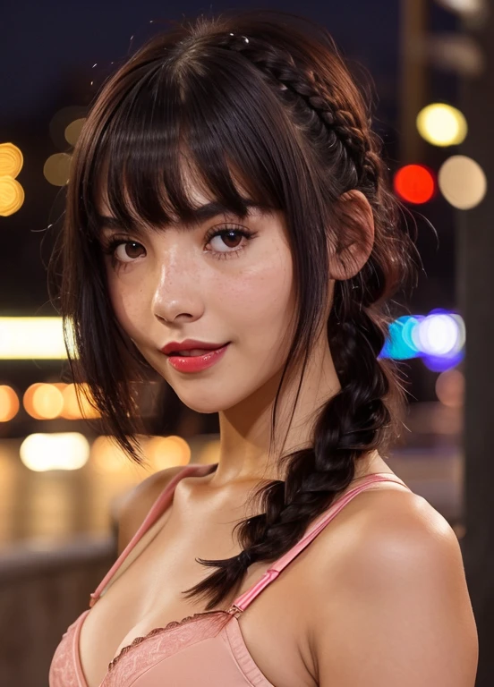 Face focus, portrait, glowing black eyes, feminine style, one girl, asymmetrical bangs, bangs, black hair, braid, bra, camera gaze, smile, night, city, bob hair, abdomen, red lips, shirt, solo, standing, braid, upper body, underwear, pink underwear, perfect body line, beautiful kubire, beautiful, naughty face