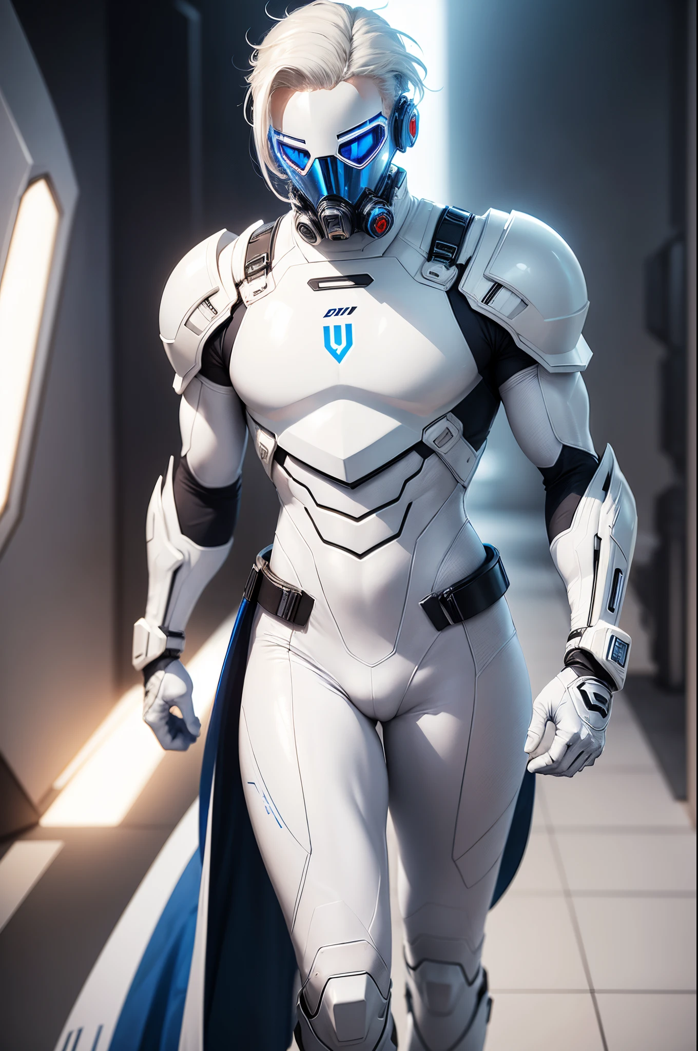 body suit, white and blue suit, futuristic suit, white gauntlets, white gloves, white hands, skin tight bodysuit, toned male, ager, young male, futuristic gas mask and vizor, bodysuit, futuristic, sci fi, toned male, hands seen, hair visible, blonde hair, solo male, full body seen, white hair