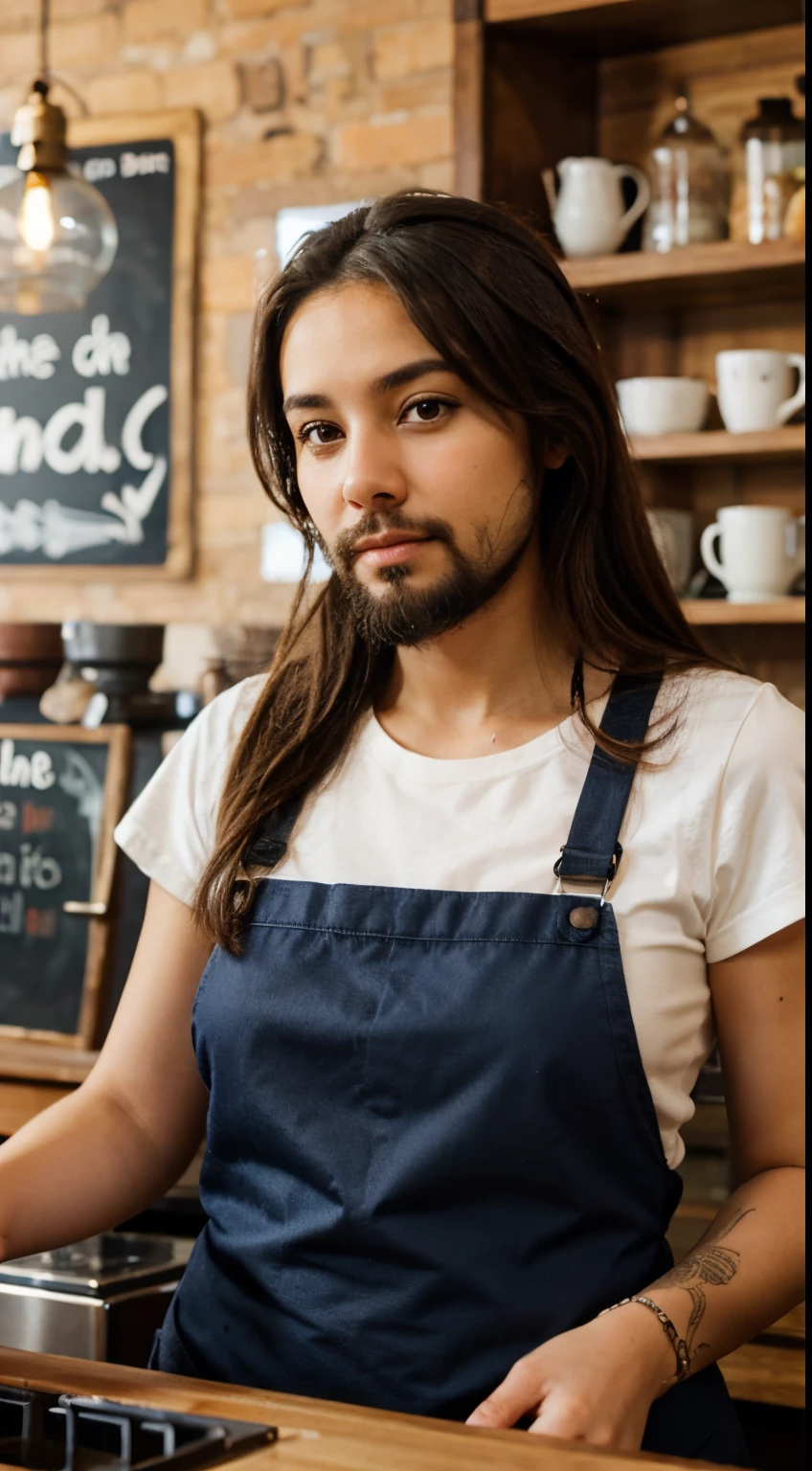 Cafe worker woman with a beard