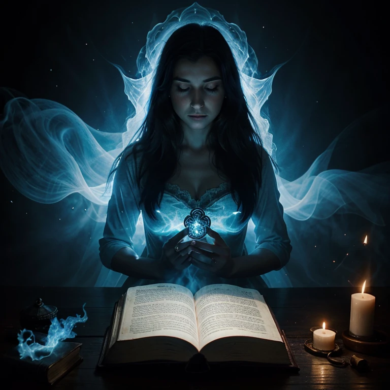 Ghost, glow, blue mist, Book of shadows, woman, fire, magic, spell, calling forth a spirit