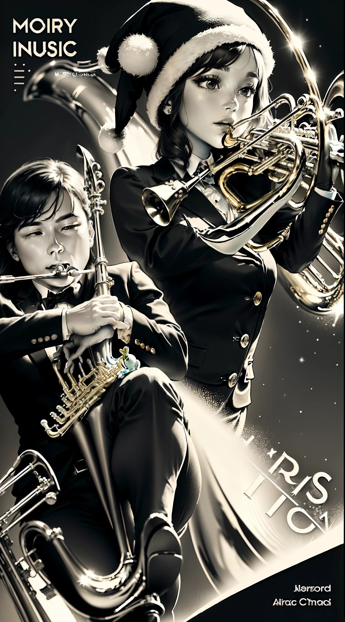 Can you design a cover for a music program in black and white, such that 1) it has a trombone 2) is Christmas themed 3) has a frog in it.  It has to have a trombone