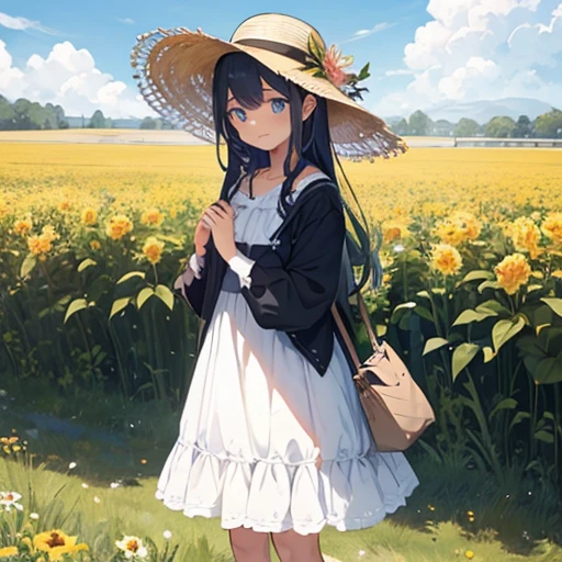 1girl,(cabelos preto e longos),(blue color eyes),(Black pupils),Fair skin,best facial description,(wears a white dress),Wear a sun hat on your head,(standing in flower field:1.2),Lift your right foot slightly,Hold the brim of the hat with both hands,Looking,yellow flowers in flower field,Beautiful weather,and the sun was shining brightly,A breeze ruffled my hair,Best quality,illustratio,