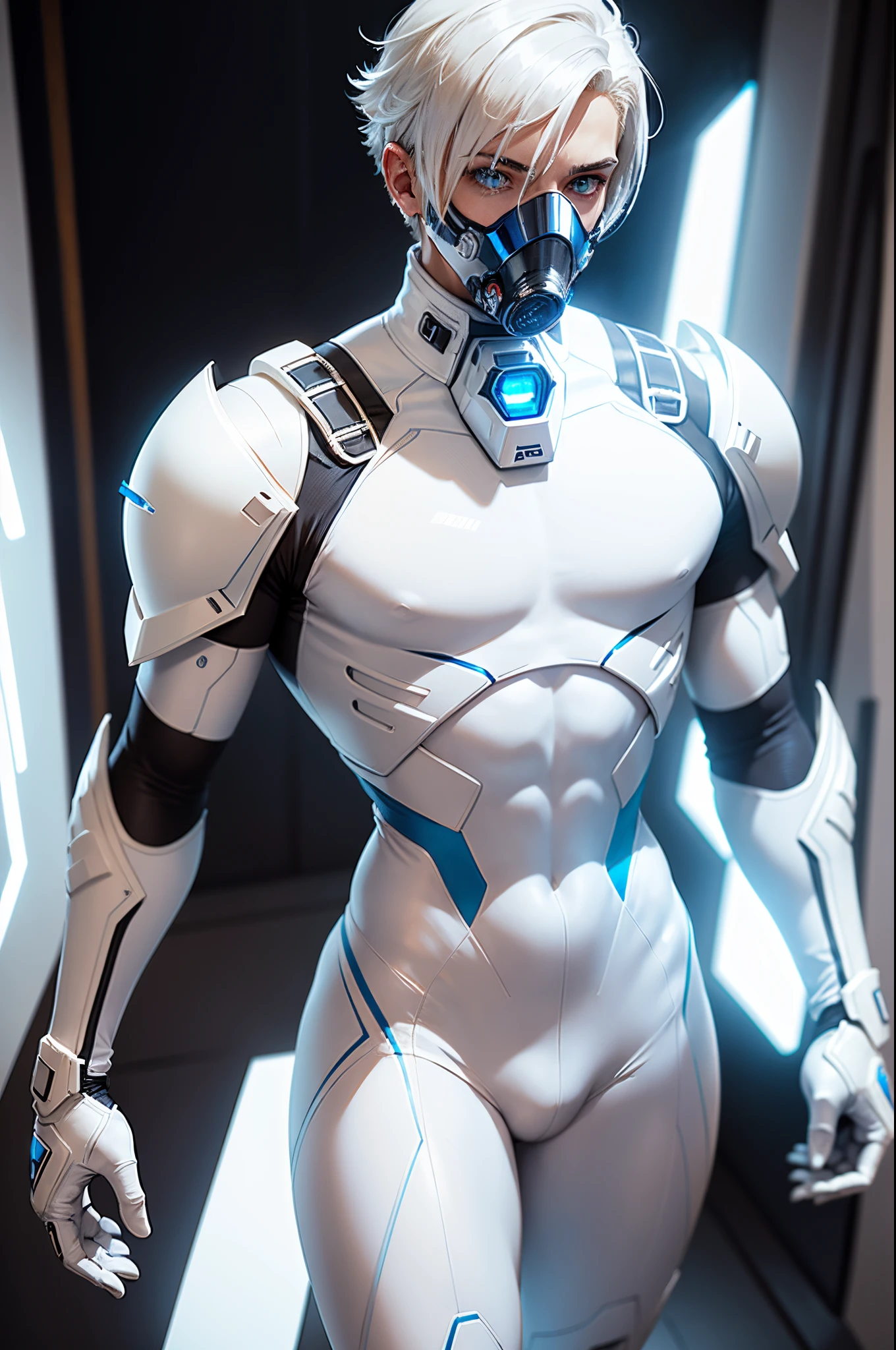 body suit, white and blue suit, futuristic suit, white gauntlets, white gloves, white hands, skin tight bodysuit, toned male, teenager, young male, futuristic gas mask and vizor, bodysuit, futuristic, sci fi, toned male, hands seen, hair visible, blonde hair, solo male, full body seen, white hair