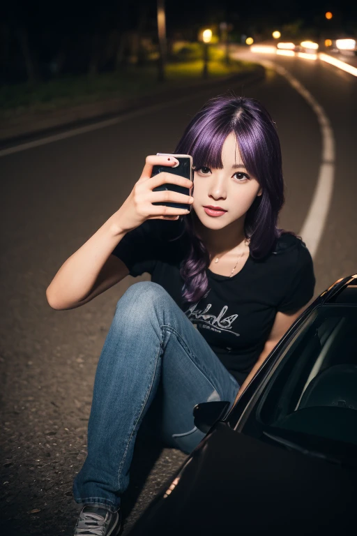 create a hyper realistic image of cute girltaking a selfie in the park, purple hair hair, wearing black t-shirt and jeans, green eyes. long dark eyebrows, long eyelashes, background of outside , 8k, high detailed, sharp focus.,(light trail photography:1.3), (Car taillights), Many tail light wires, (tail light line art), winding city road:1.3, Camera is in manual mode, ND16 filter, F/8, ISO100, (150 seconds long exposure), Shoot from above, Amazingly beautiful lighting, Complex, (tmasterpiece), (Best quality at best), (hyper-high detail), (realisticlying:1.3)