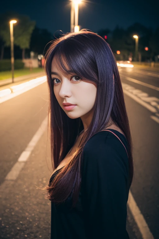 create a hyper realistic image of cute girltaking a selfie in the park, purple hair hair, wearing black t-shirt and jeans, green eyes. long dark eyebrows, long eyelashes, background of outside , 8k, high detailed, sharp focus.,(light trail photography:1.3), (Car taillights), Many tail light wires, (tail light line art), winding city road:1.3, Camera is in manual mode, ND16 filter, F/8, ISO100, (150 seconds long exposure), Shoot from above, Amazingly beautiful lighting, Complex, (tmasterpiece), (Best quality at best), (hyper-high detail), (realisticlying:1.3)