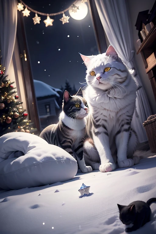 (highres:1.2),black and white cat,night Christmas,snow falling,shimmering moonlight,(soft,subtle) shadows,cozy atmosphere,festive lights,glowing stars,playful cat silhouette,present-filled stockings,ornamented Christmas tree,warm fireplace,whispering winter wind,candlelit room,peaceful snow-covered landscape,gentle snowflakes dancing,cat paws leaving prints,magical starry sky,quiet midnight hours