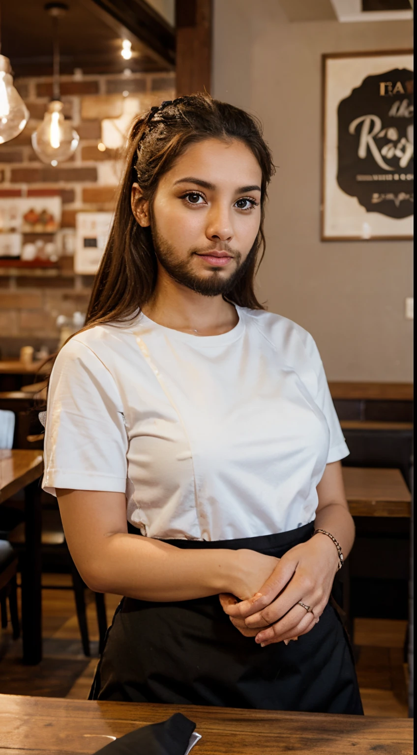 Restaurant worker woman with a beard