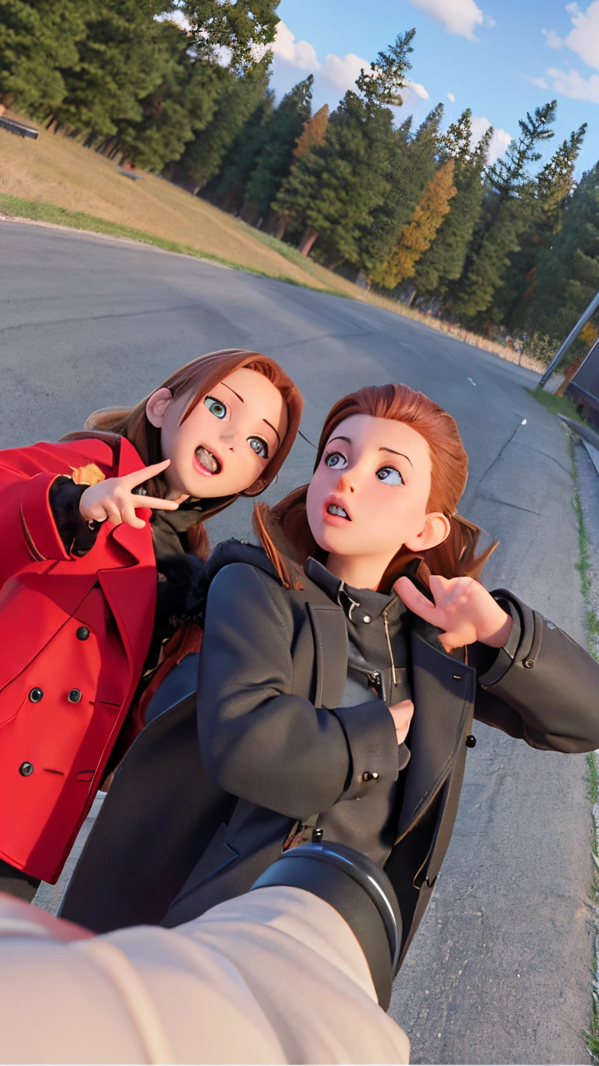 black coat is on the my right and red coat is on my left blonde and brown hair with tounges out