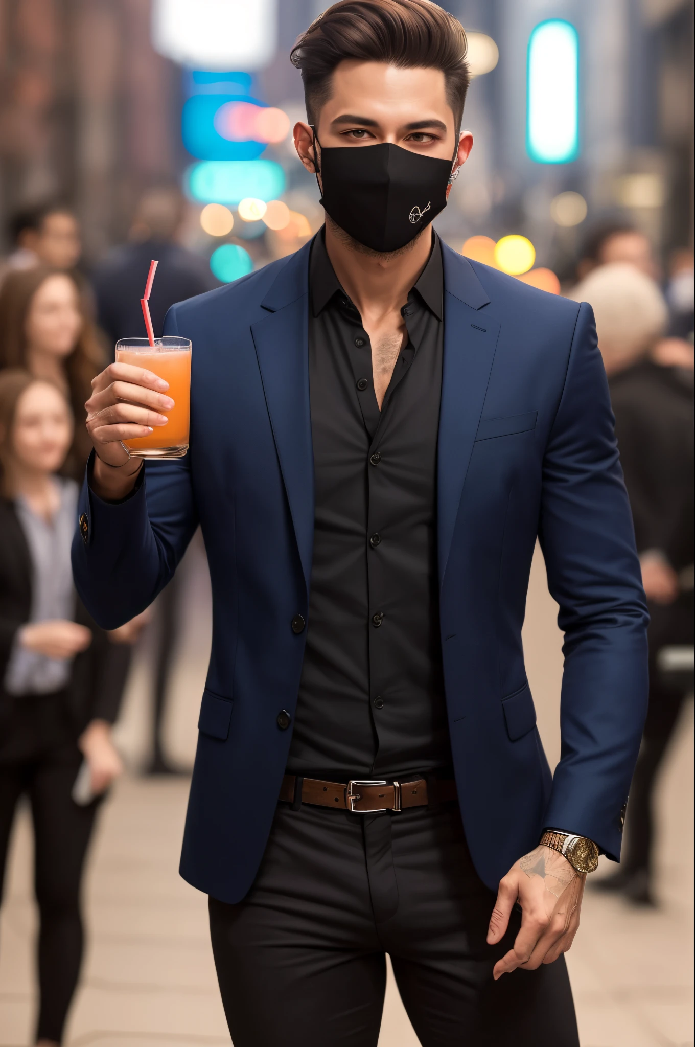 um homem de olhos castanhos expressivos, estatura alta e musculoso. He's at a night party, surrounded by people and he has a drink in his hand and his tongue out. Ele veste uma regata branca justa ao corpo, black pants and he wears a balaclava that covers his entire face except his eyes, foto realista.
