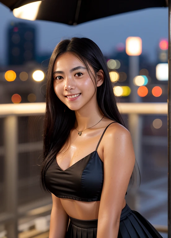 (RAW photos, best quality), (realistic, photorealistic: 1.2), (round face: 1), 1 girl, selfie outdoor, (high detail skin: 1.2), (puffy eyes), (lying silkworm), smile, collarbone, air bang, straight brown black hair, pure black pleated skirt, soft lighting, high quality, cityscape, skyline, night, rain, wet, professional lighting, Photon mapping, radiosity, physically based rendering,