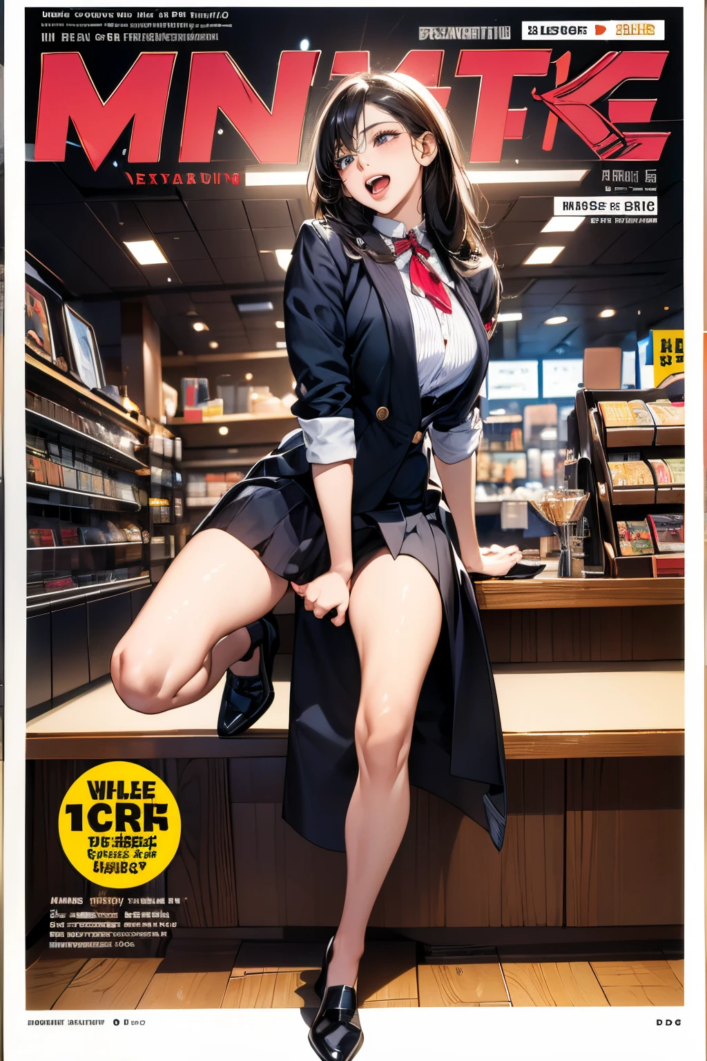 (((magazine's cover))), (large title), (many heading), (white border), clerk uniform, name plate, ID card, having tablet, (whole body), straddling to hit her crotch on counter edge, open legs, raise leg, open mouth, masturbation,  ecstasy face, in the mall, customers, ceiling, floor,