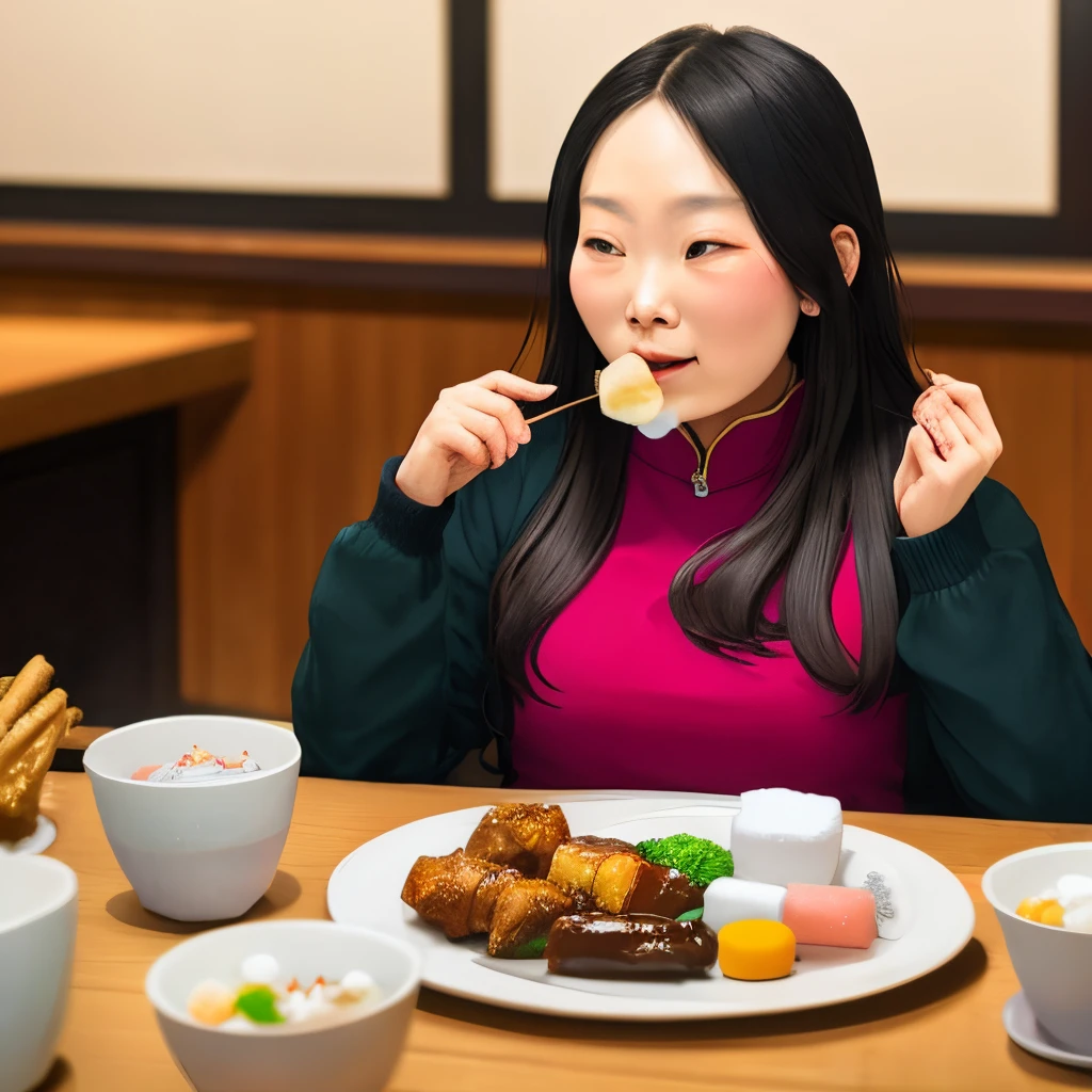 Make a pregnant marshmallow eating Chinese food