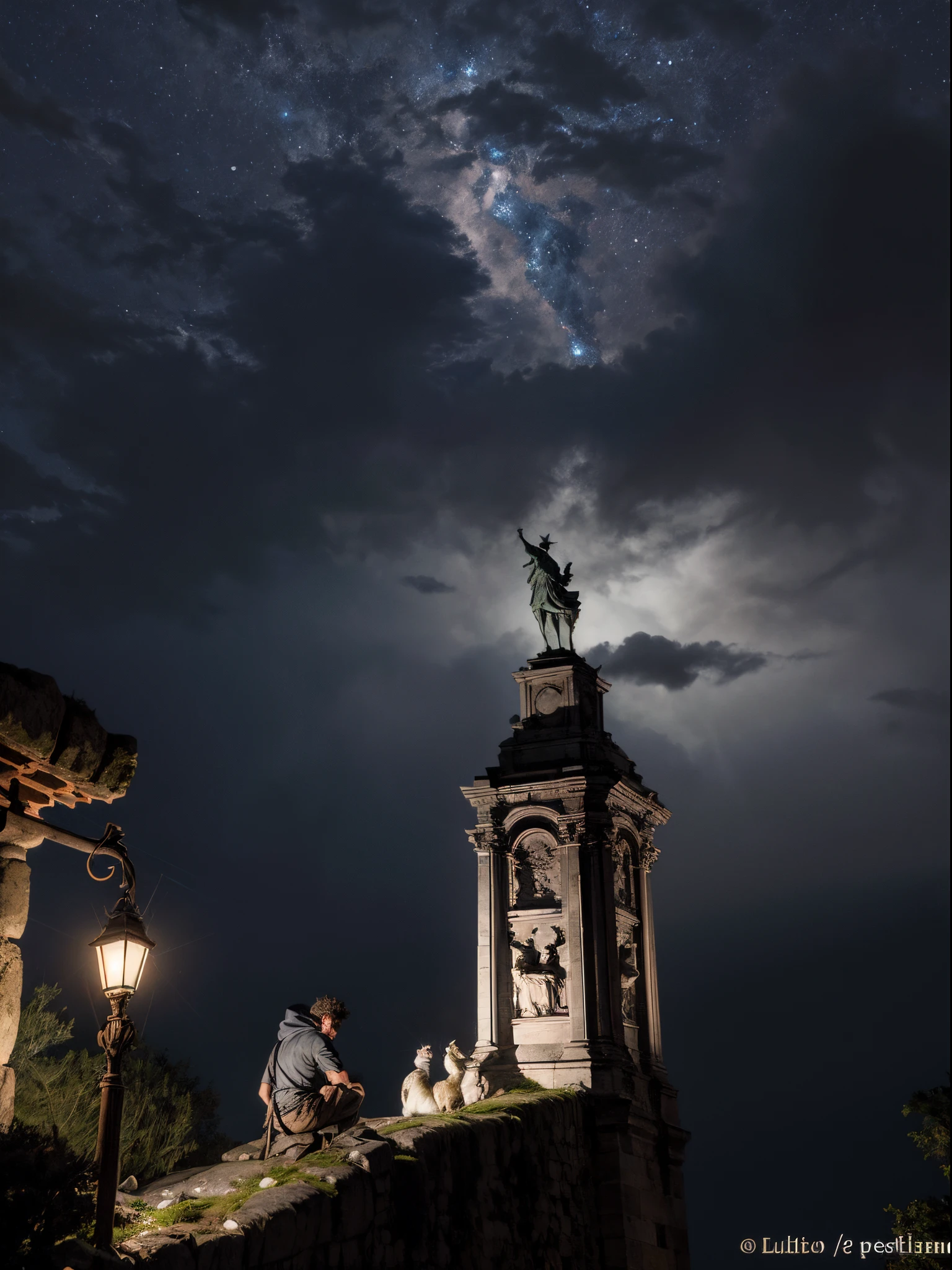 Gargola de piedra meditando en la cima del temolo notredame,hambiente tetrico,bajo la lluvia,noche oscura,rallos y truenos,en las alturas,acagchado en un saliente,dimonaco,guardian,lluvia intensa en una noche estrellada,luna brillante,reflexibo,lluvia y agua callendo,llaviendo en una tormenta,