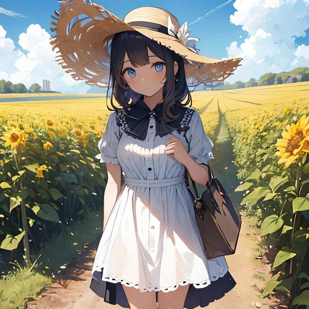1个Giant Breast Girl,(cabelos preto e longos),(blue color eyes),(Black pupils),White skin of the,best facial description,(wears a white dress),Put a sun hat on your head,(standing in flower field:1.2),Lift your right foot slightly,Hold the brim of the hat with both hands,lookingat,yellow flowers in flower field,Beautiful weather,and the sun was shining brightly,A breeze ruffled my hair,Best quality at best,illuminations,