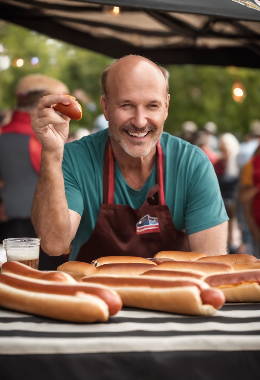 Hotdogfingers trying to break a hot dog eating record at a local food festival,original,He’s a middle aged man who is balding but the star of the show is that his fingers are hot dogs , male