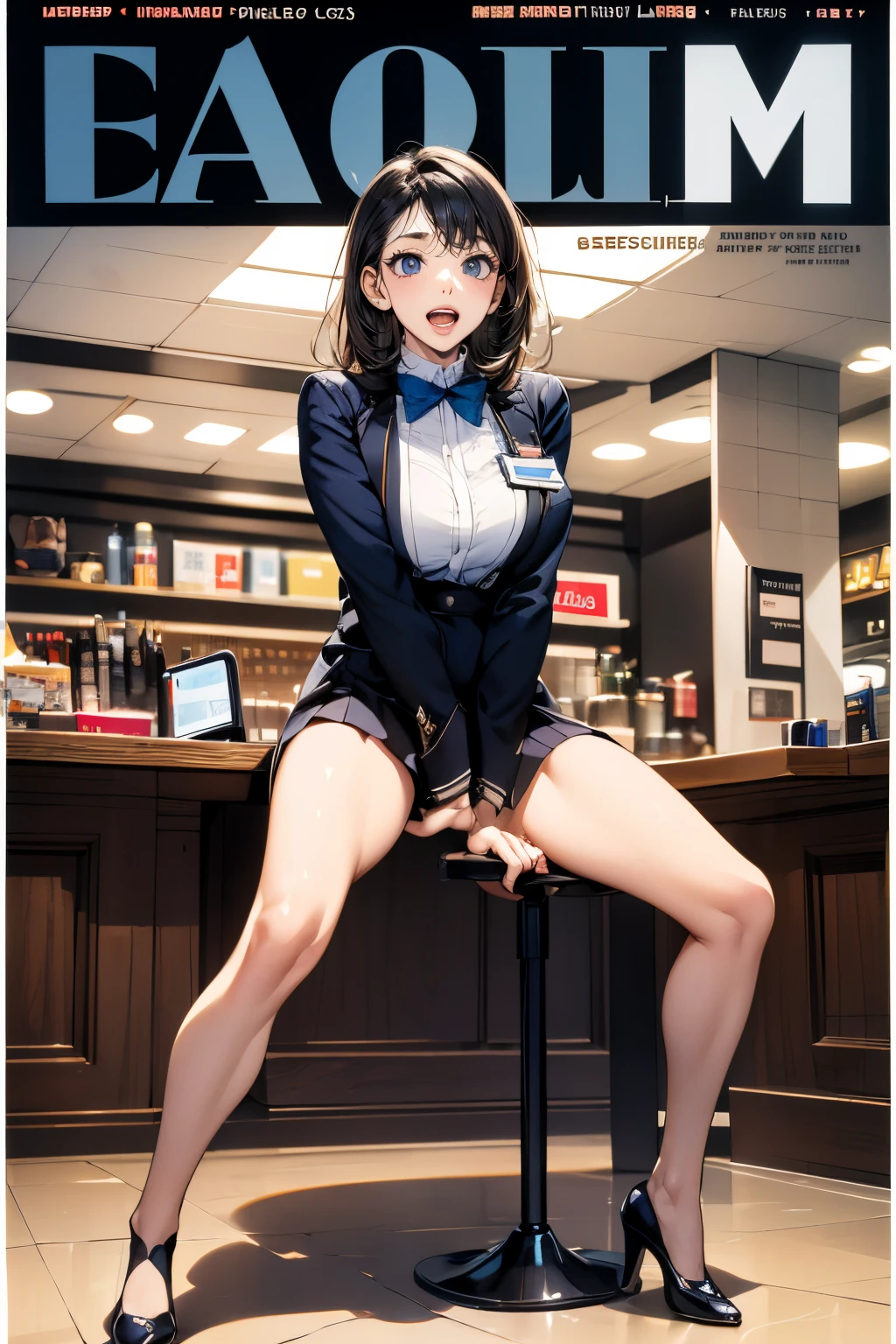 (((magazine's cover))), (large title), (many heading), (white border), blushing, body flushes, clerk uniform, (name plate), (ID card), having tablet, (whole body), straddling to hit her crotch on the table top, open legs, raise leg, open mouth, masturbation, ecstasy face, in the mall, customers, ceiling, small chest, jacket, open chest, showing beautiful nipples,