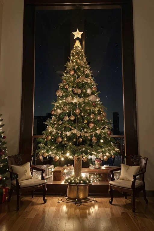 Design an ornate and festive Christmas tree. The tree must be decorated with twinkling lights, bolas coloridas, fitas e outros enfeites tradicionais. Ela deve se destacar em um ambiente aconchegante e festivo, with gifts piled around the base of the tree. As luzes devem criar um brilho suave, refletindo-se nos enfeites e iluminando o ambiente ao redor. Ao fundo, pode haver uma lareira crepitante, some comfortable furniture and perhaps windows that show a winter landscape. The tree should convey the joy and welcoming spirit of the Christmas season.