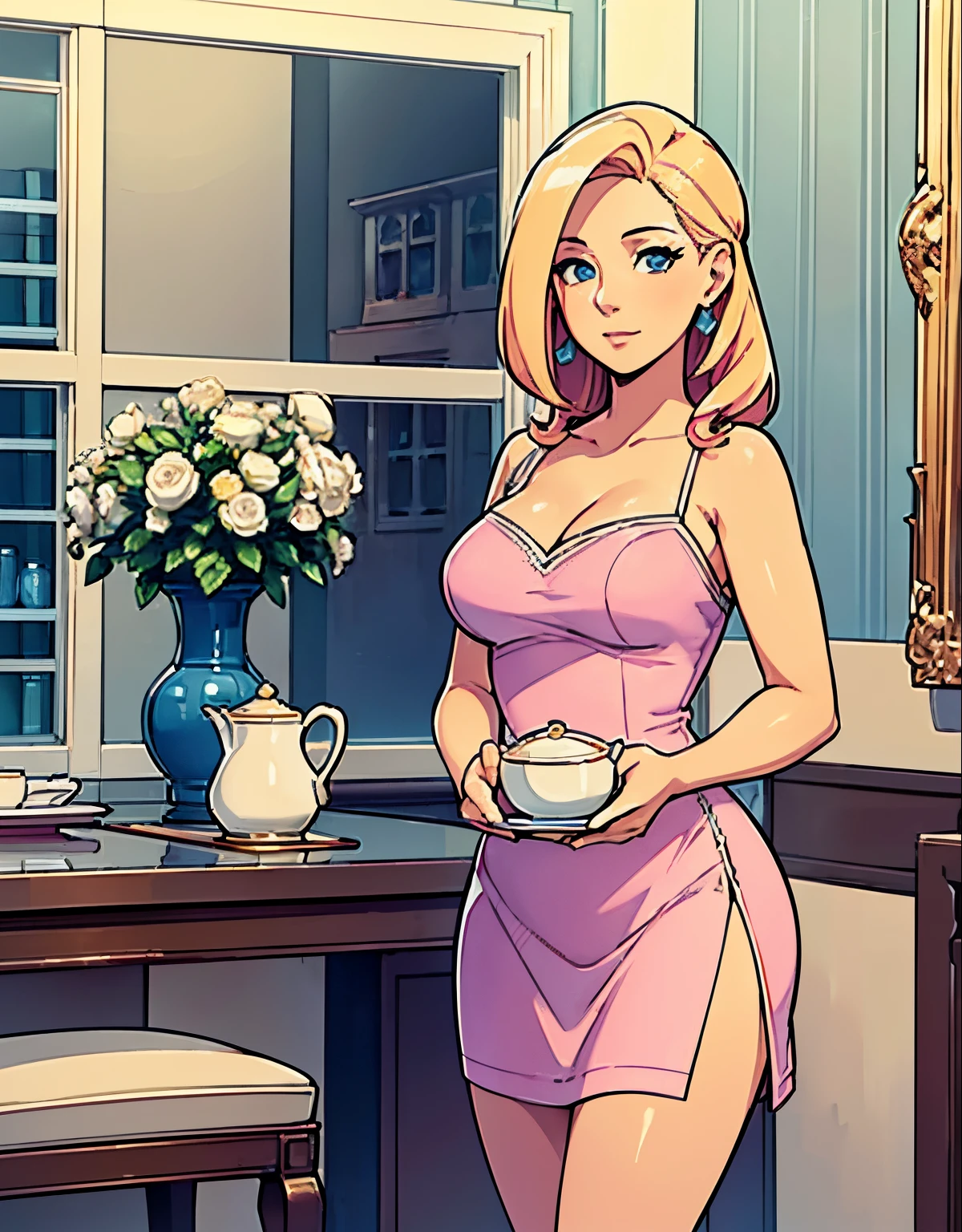 (robot housewife),(display case),(pink dress),(blonde hair),(blue eyes),(plastic skin),(best quality,4k,8k,highres,masterpiece:1.2),ultra-detailed,(realistic,photorealistic,photo-realistic:1.37),portraits,(vibrant colors,colorful:1.1),(soft lighting),(silverware),(spotless kitchen),(beautifully decorated room),(floral wallpaper),(sparkling clean),(freshly baked bread),(kitchen appliances),(polished countertops),(cooking utensils),(elegant surroundings),(big windows),(tidy and organized),(comfortable living space),(tastefully designed),(lush garden),(well-kept lawn),(bright and inviting),(cozy couch),(artificial plants),(stunning artwork),(dainty tea set),(delicate porcelain figurines),(glass showcase),(precious collectibles),(interesting artifacts),(showcasing treasures),(spotlight),(meticulously arranged),(enticing arrangement), robot parts