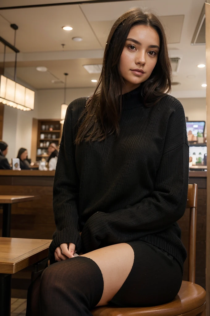 realistic image of beautiful girl, wearing classy sweater outfit, Sitting in a Starbucks looking at laptop in front of her, realistic photography, perfect figure, photorealistic, long black hairs, photorealistic, skin tone
