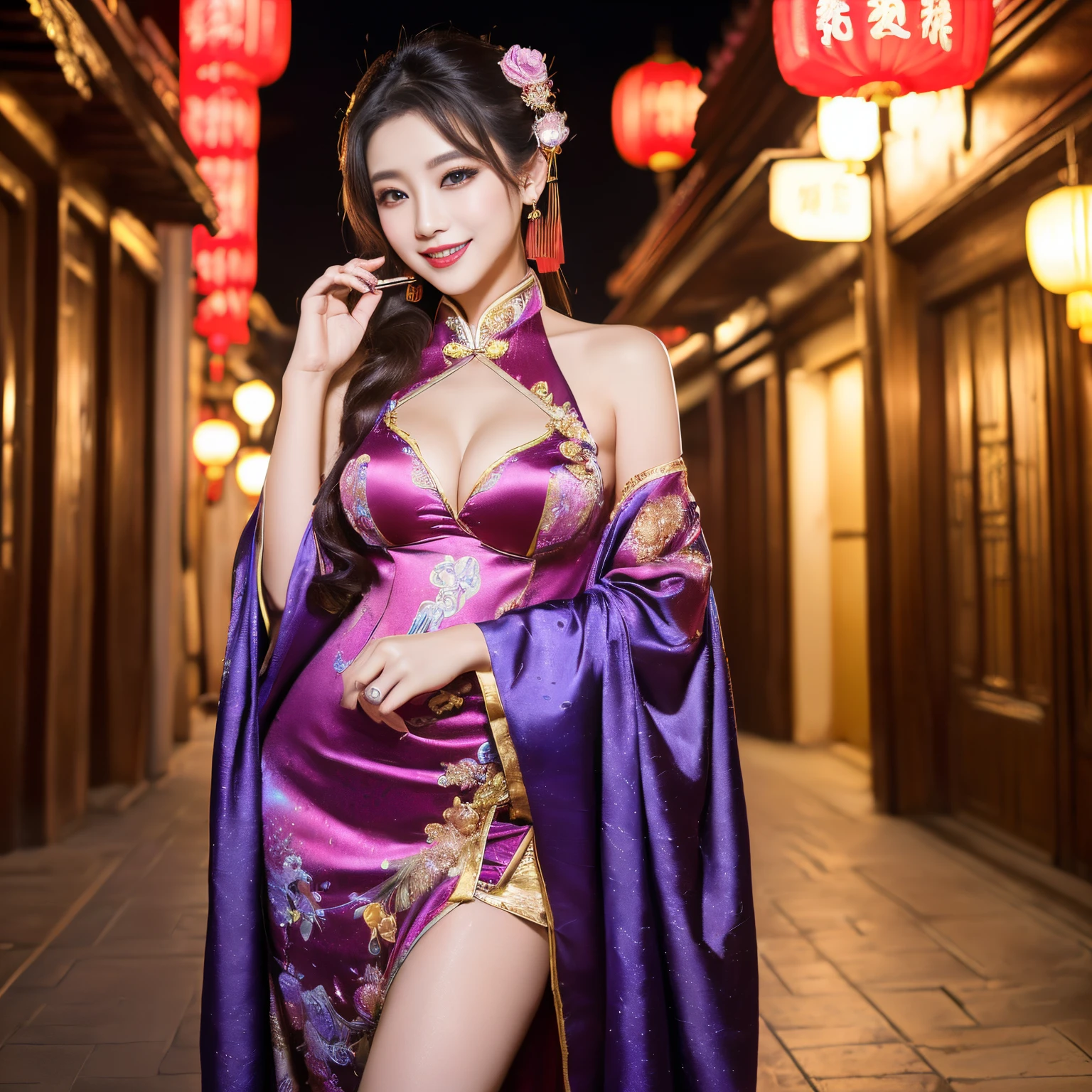 ((top-quality、masutepiece、8K、Top image quality、Highly complex and detailed depictions))、(Photos of the most gorgeous Chinese prostitutes:1.5)、Chinese garrison house at night、((Huge costume of the most gorgeous Chinese prostitute、the most vivid and luxurious costumes、big long costume、The most luxurious and huge garrison、An unimaginably luxurious garrison、purple and pink garrison、It is depicted against the background of a huge and luxurious garrison.、Huge Guru House at midnight、Very complex decoration、very clear garrison))、(View me、Bewitching smile、Perfect makeup、long eyelashes、pink lipsticks、Pink eyeshadows、perfect anatomia、Biggest smile)、(Clear background of huge garrison:1.3)