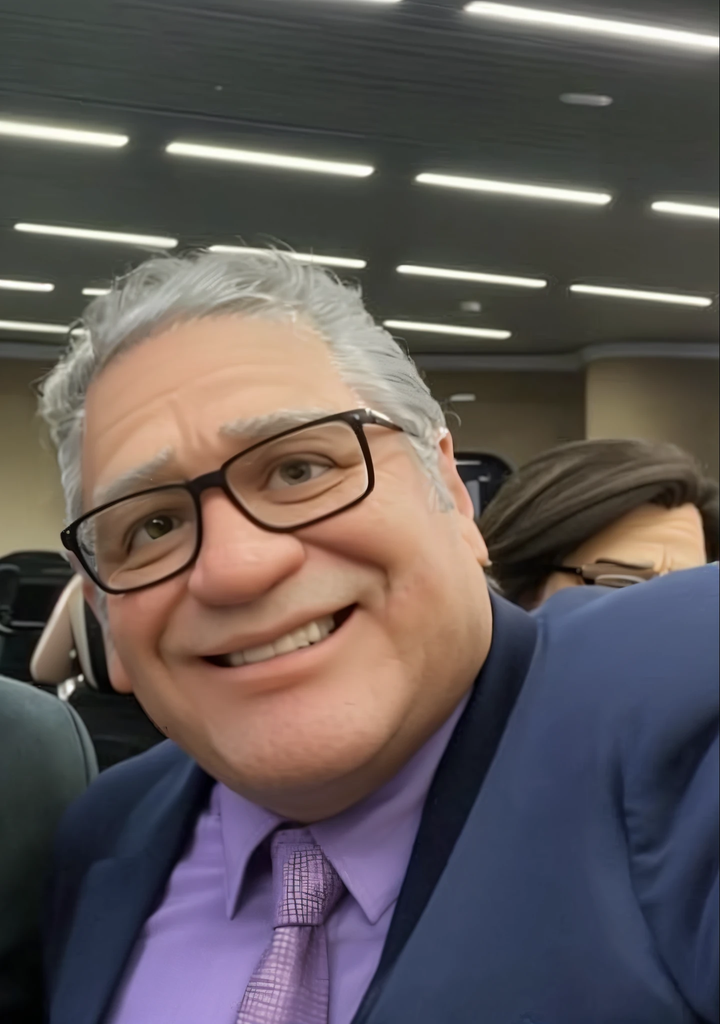 53-year-old man with white hair, overweight, wearing clear glasses, like up old men