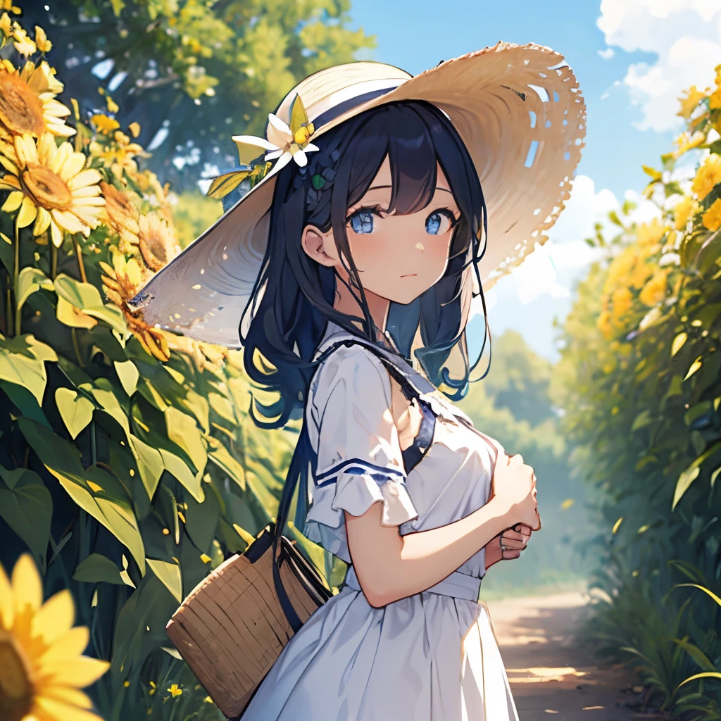 1 girl with small breasts,(cabelos preto e longos),(blue color eyes),(Black pupils),White skin of the,best facial description,(wears a white dress),Put a sun hat on your head,(standing in flower field:1.2),Lift your right foot slightly,Hold the brim of the hat with both hands,lookingat,yellow flowers in flower field,Beautiful weather,and the sun was shining brightly,A breeze ruffled my hair,Best quality at best,lamplight,