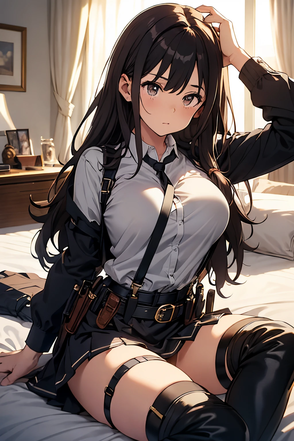 Brown hair、watching at viewers black suspenders Bulging big breasts walls: Black miniskirt garters Gaze Small face bangss holster Belt Armament Beautuful Women srestrained hands up Lying in bed Leg holster lying on the bed Gaze black boots panty shot
